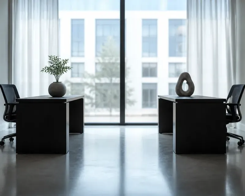 Two identical desks facing each other with one object on each