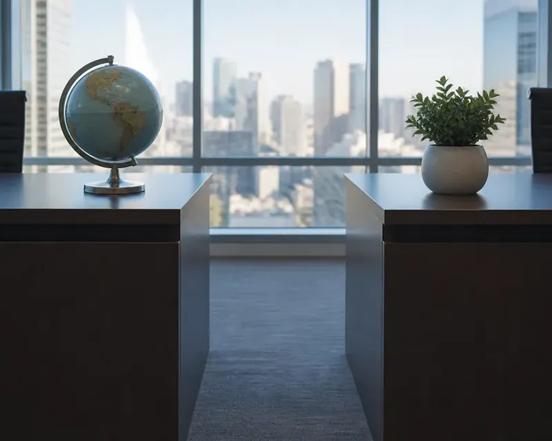 Two identical desks facing each other with one object on each