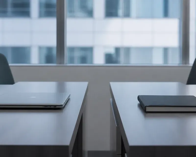 Two identical desks facing each other with one object on each