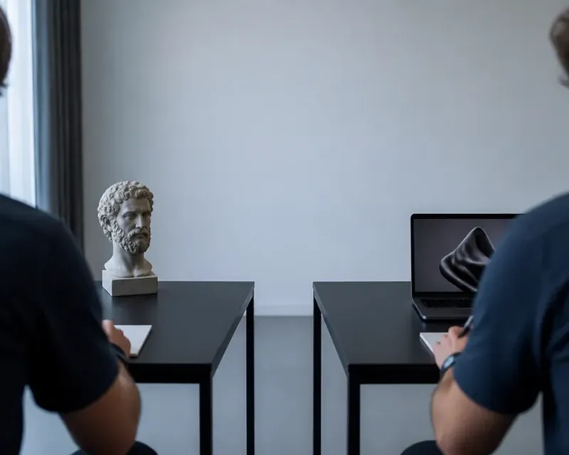 Two identical desks facing each other with one object on each