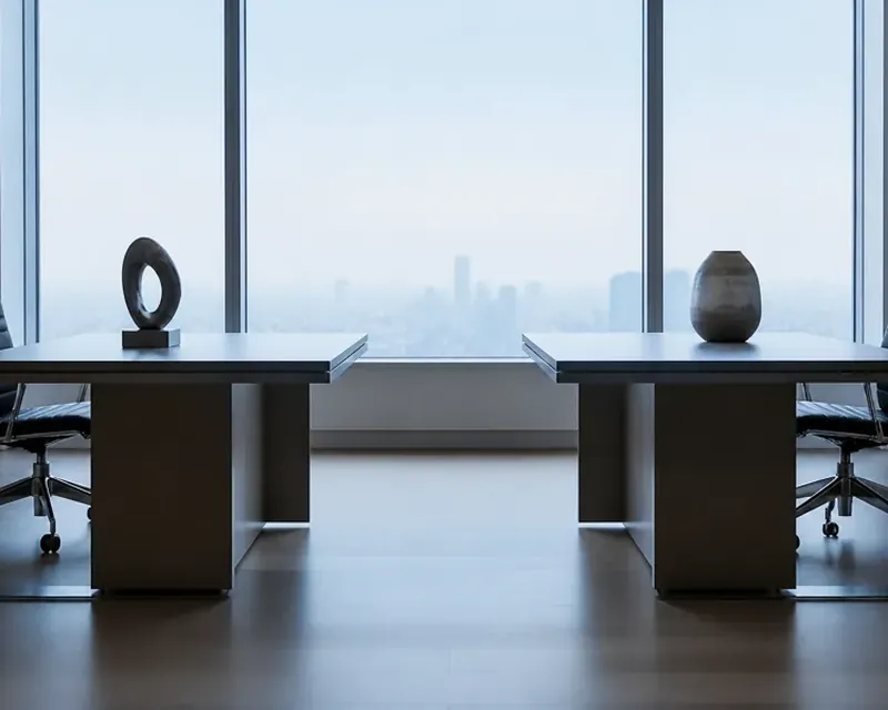 Two identical desks facing each other with one object on each