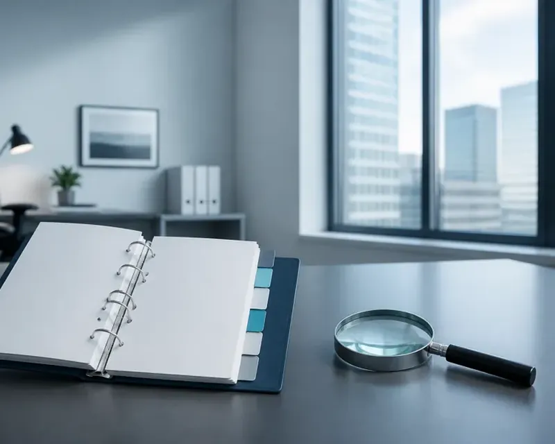 An organised overview of printed documents fanned out on a desk