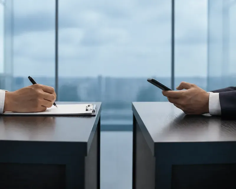 Two identical desks facing each other with one object on each