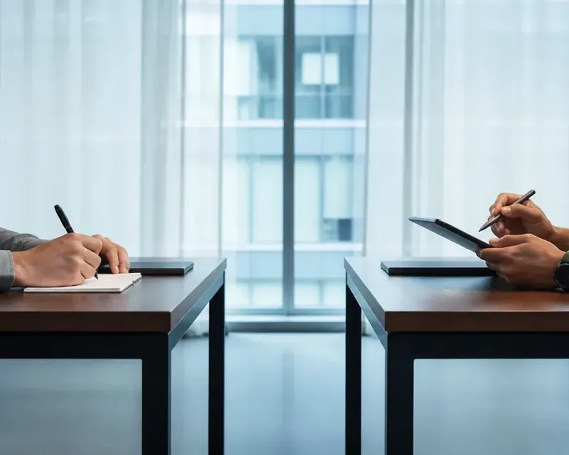 Two identical desks facing each other with one object on each
