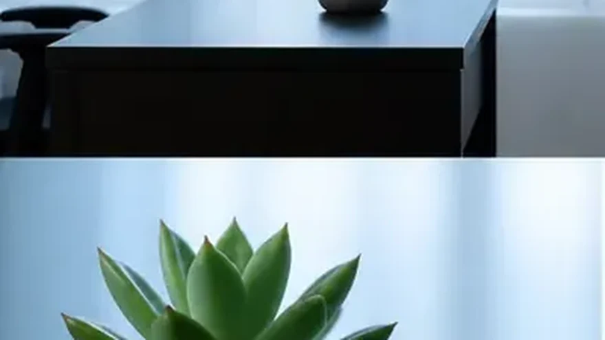 Two identical desks facing each other with one object on each