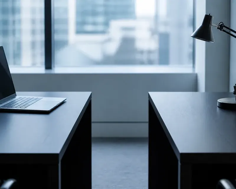 Two identical desks facing each other with one object on each