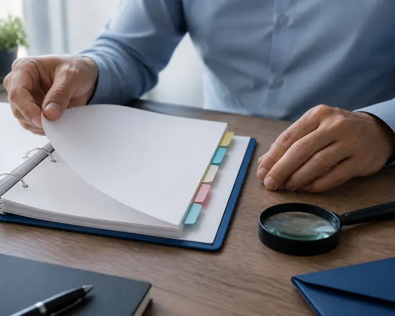 An organised overview of printed documents fanned out on a desk