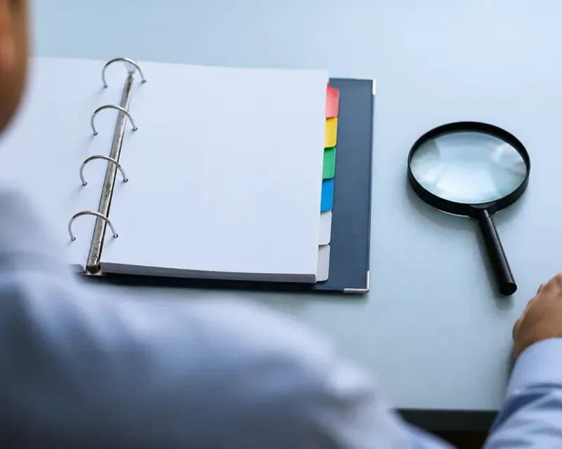 An open ring binder with tabbed dividers beside a magnifying glass